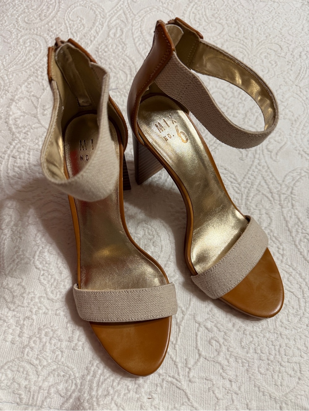 Mix No. 6 Tan and Beige Block High Heel Sandals Size 7.5